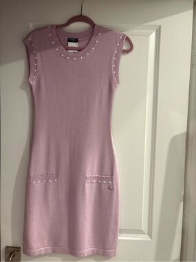 CHANEL Pink Pearl-Trim Sleeveless Knit Midi Dress